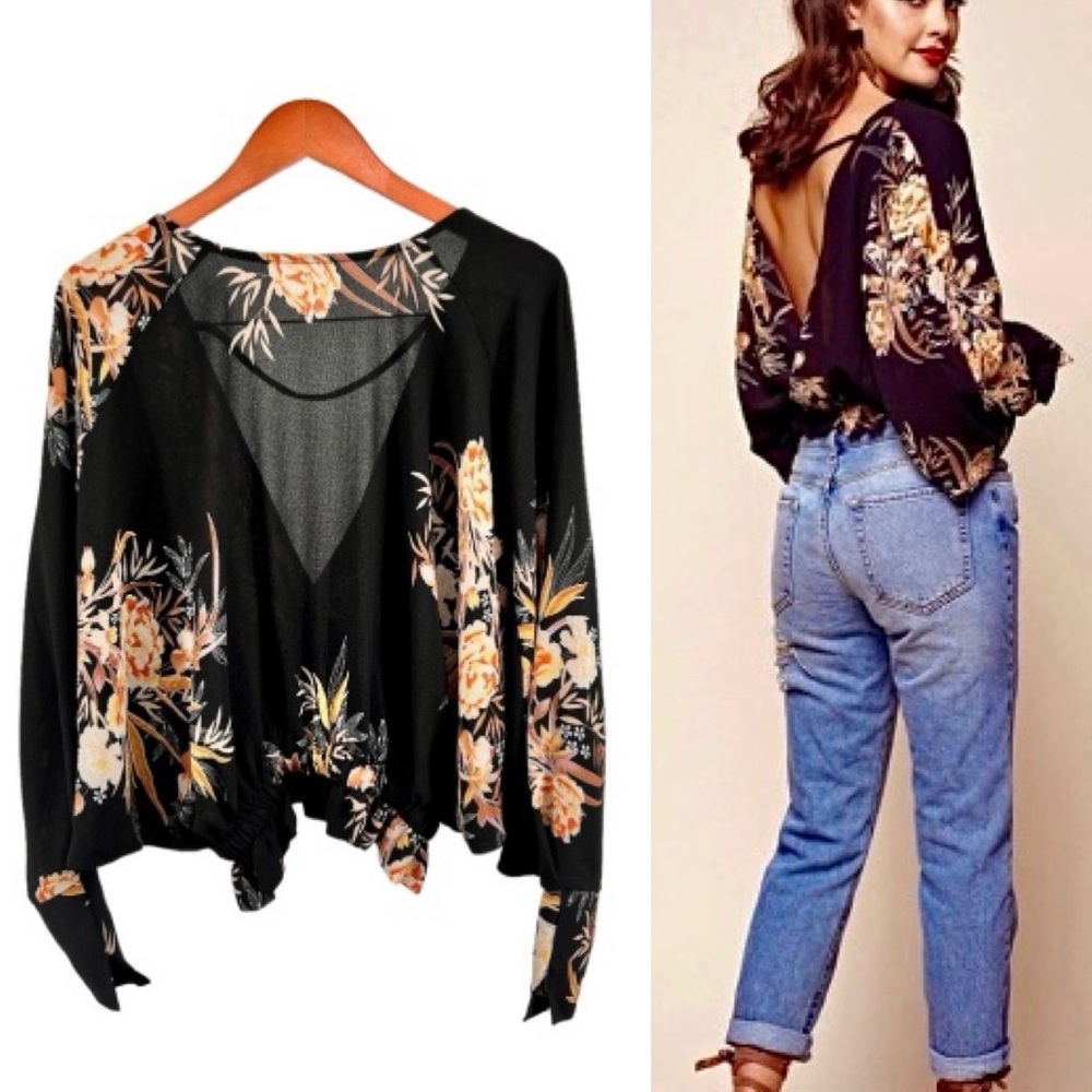 Selfie Leslie Alejandra Open Back Blouse OS Black Orange Floral Bat Wing Sleeve